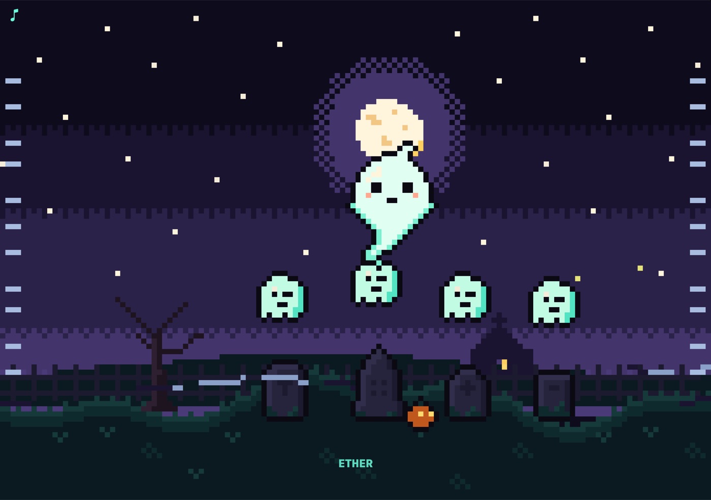 iPhone Duo, open: four little ghosts over their gravestones and the singer by the moon, the night across both pages