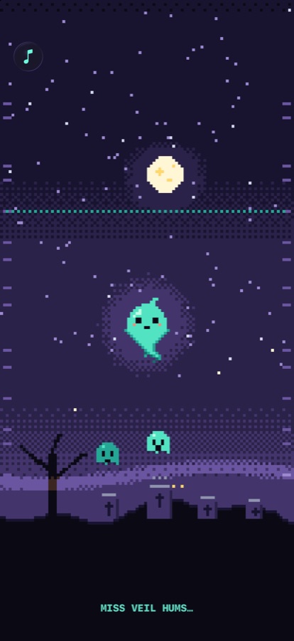 iPhone: a small ghost rising from a gravestone, one note glowing