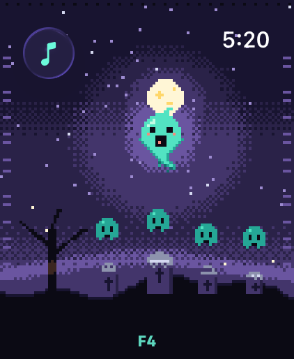 Apple Watch: a teal ghost singing in front of the full moon, lighting the graveyard