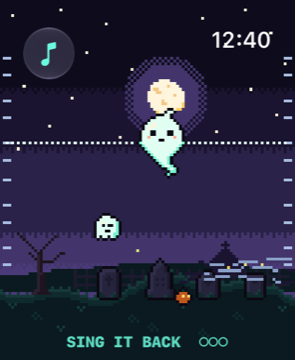 Apple Watch: a small ghost waits by its gravestone while the singer floats under the moon, above the words Sing it back