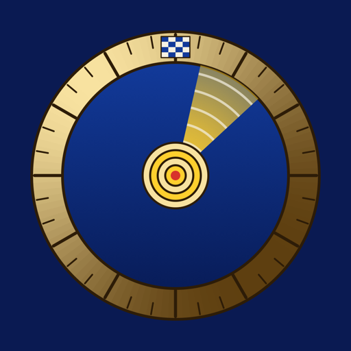 Lighthouse app icon: a brass compass ring around a night-blue sea, a pale beam sweeping out from a ringed lamp at the center, a blue and white flag at the top