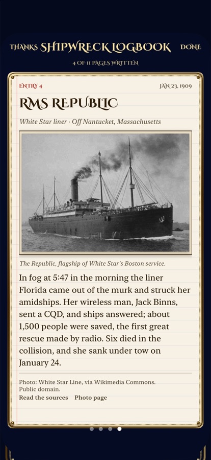 iPhone: a logbook page for the liner RMS Republic, with a photograph of the ship and the true story of her loss