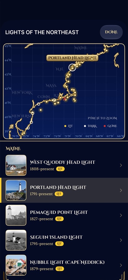 iPhone: a chart of the Northeast coast with a dot for each lighthouse