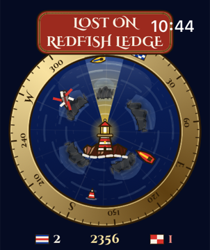 Apple Watch: a brass compass ring around a night sea with the lighthouse and its beam in the middle, and a red plate reading LOST ON REDFISH LEDGE