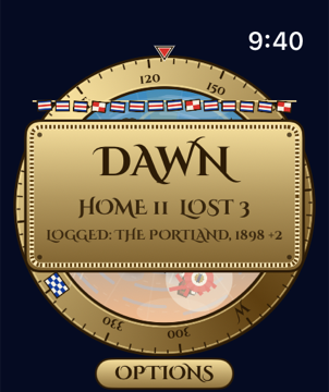 Apple Watch: the dawn card reading HOME 11 LOST 3, with a row of signal flags above it and a line naming the wreck logged tonight
