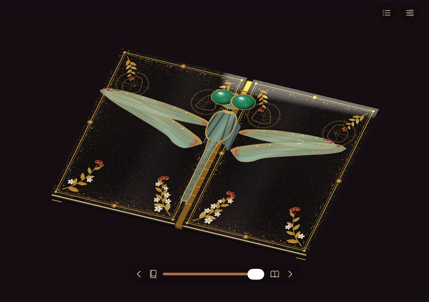 iPhone Duo, open: a paper dragonfly with four long wings across both pages of the book