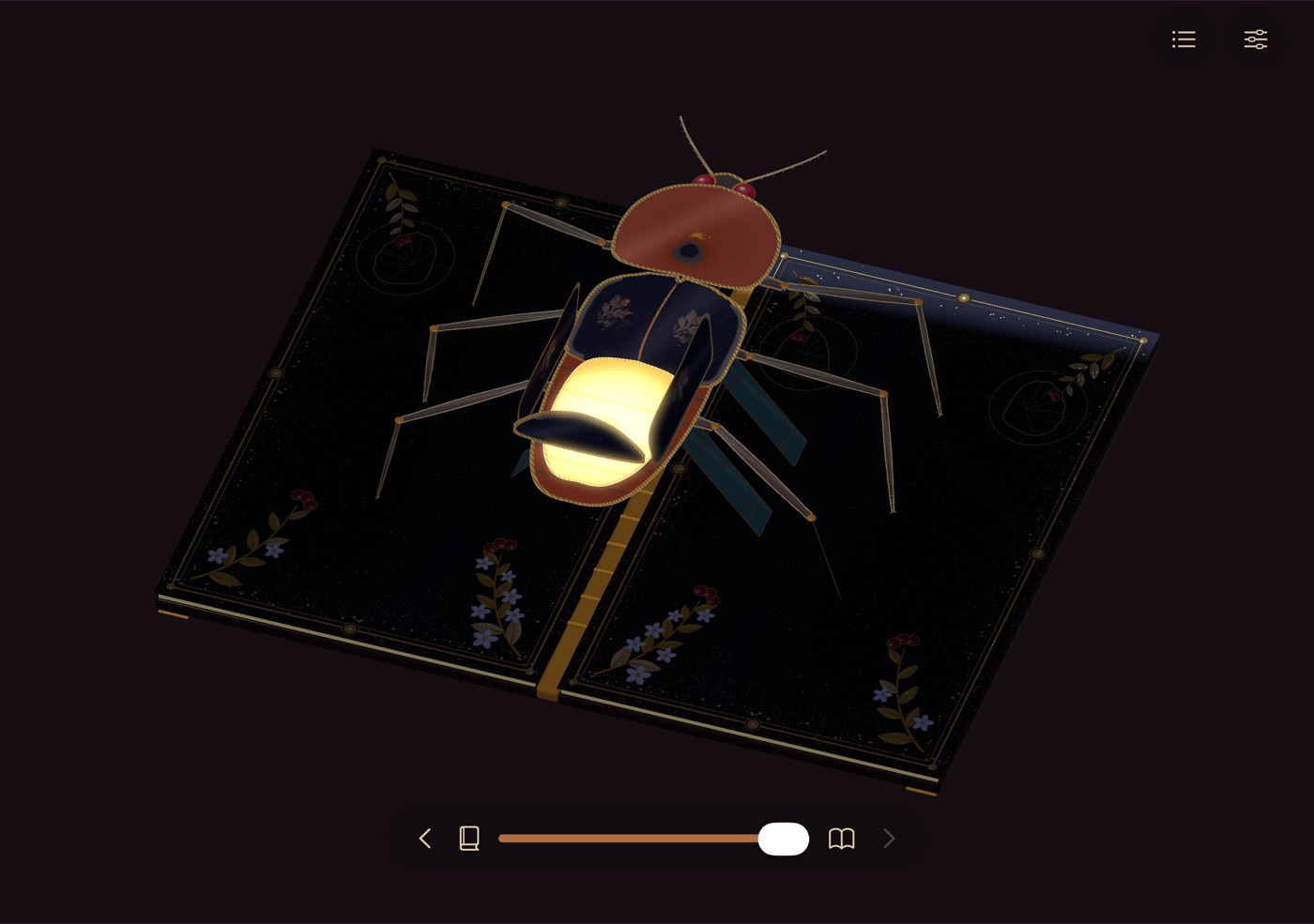iPhone Duo, open: a paper firefly on a moonlit spread, its lantern glowing