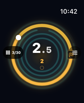 Apple Watch: a marble on a glowing brass ring, the pace reading in the middle
