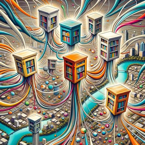 Vibrant abstract art depicting interconnected Little Free Libraries across Austin, symbolized by colorful nodes on a map-like background, representing the community-driven Big Free Library network and the joy of shared reading experiences.