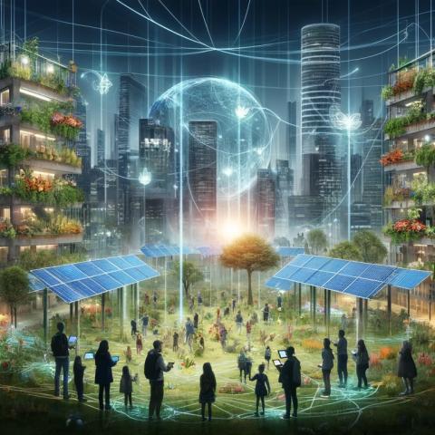 Here is the abstract image depicting a futuristic cityscape with skyscrapers adorned with vertical gardens and solar panels, where a diverse group of people use digital devices to interact with their environment. The scene symbolically represents the integration of technology and nature, echoing the vision of a sustainable future.