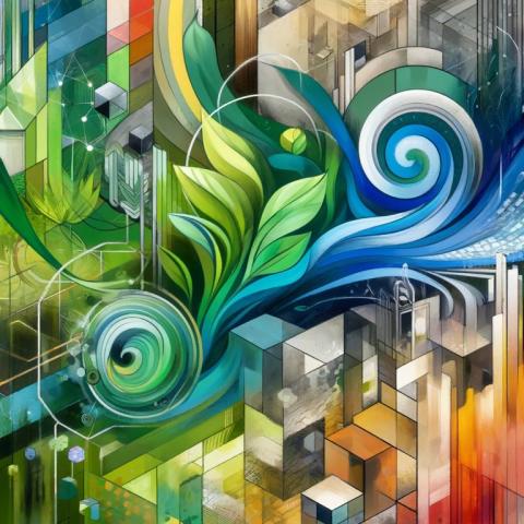 Abstract art symbolizing the integration of urban life and nature in Austin, featuring vibrant, intertwined organic and geometric shapes in verdant greens, urban grey, and blue, evoking a sense of growth, connection, and sustainability.