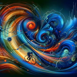 Abstract art piece representing cycling data in fluid, interconnected forms. Swirls of deep blues and vibrant oranges symbolize different cycling metrics like speed and heart rate, while soft, sweeping curves echo the routes taken on a cyclist’s journey.