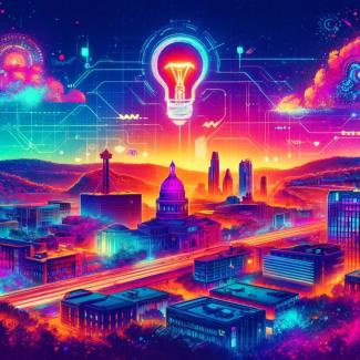 Abstract digital collage of Austin's landscapes in neon colors, representing a blend of technology and traditional art.