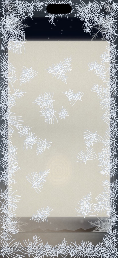 iPhone: a cream note card under white frost ferns on a dark windowsill, with a faint ring where a thumb should go