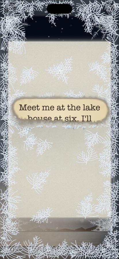 iPhone: a ragged clear band melted in the frost, with two lines of typewriter text showing through