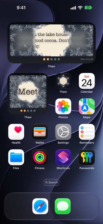 iPhone Home Screen with a medium and a small Thaw widget, each showing a note under frost