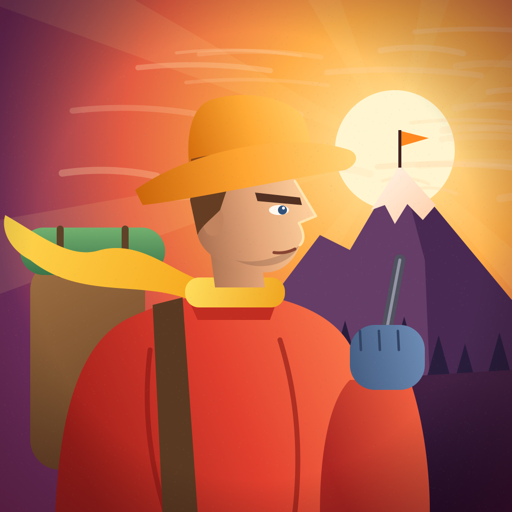 Waypoint app icon: a hiker looking up at a snowy summit at sunset