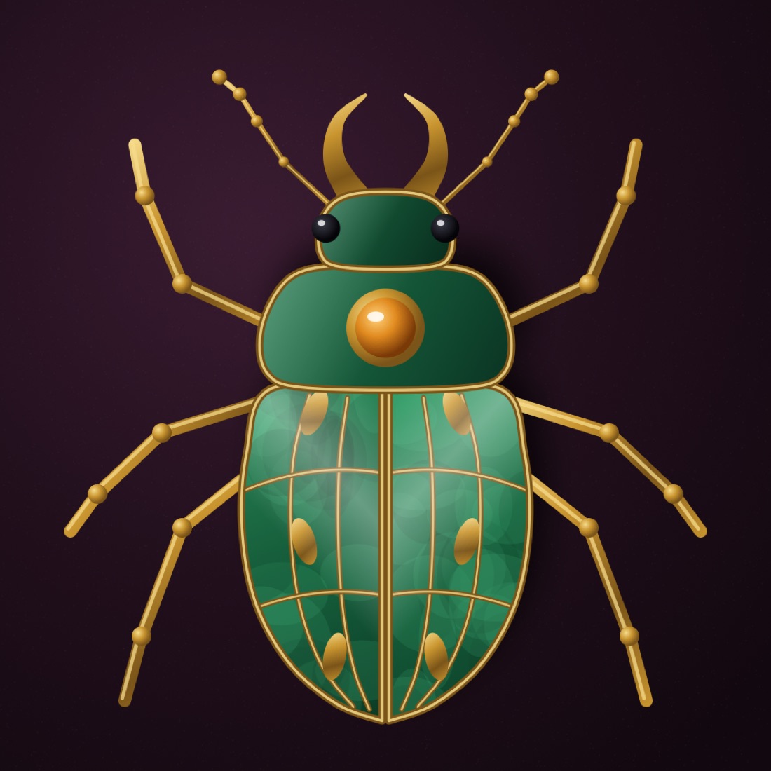 The Bestiary's icon: a cloisonné beetle on plum velvet.