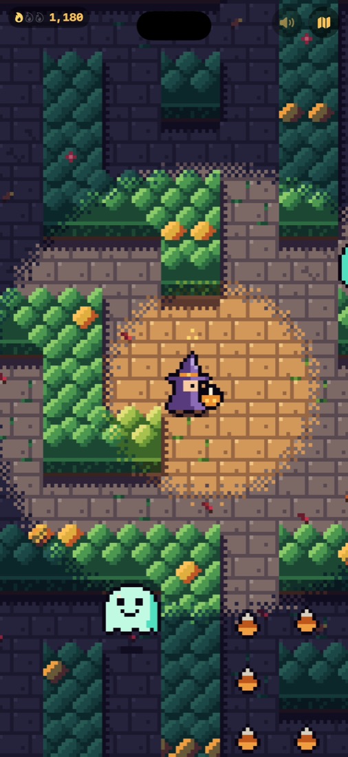 Candy Crawl, from a clip of the self-playing demo: the witch walks, the ghost drifts.