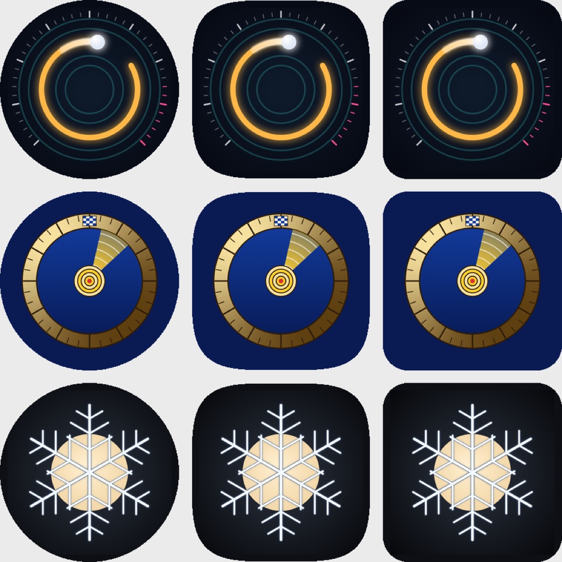 The new Android icons for Tachline, Lighthouse and Thaw, each under three of the shapes a phone may cut it to.